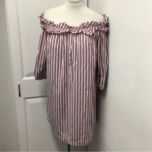 Woman’s three-quarter sleeve ruffled off shoulder A line striped midi dress